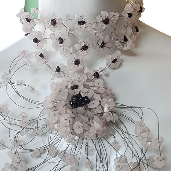 Handmade Silver Tone Wire Rose Quartz & Garnet Chip Sterling Silver Hook Choker - Picture 4 of 6